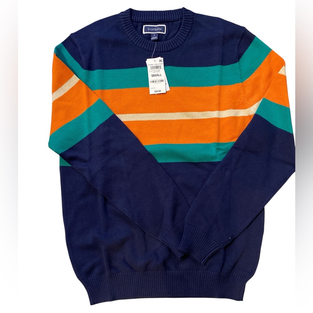 Club Room Men's Crewneck Long Sleeve Sweater - Navy, Orange, Teal Stripes